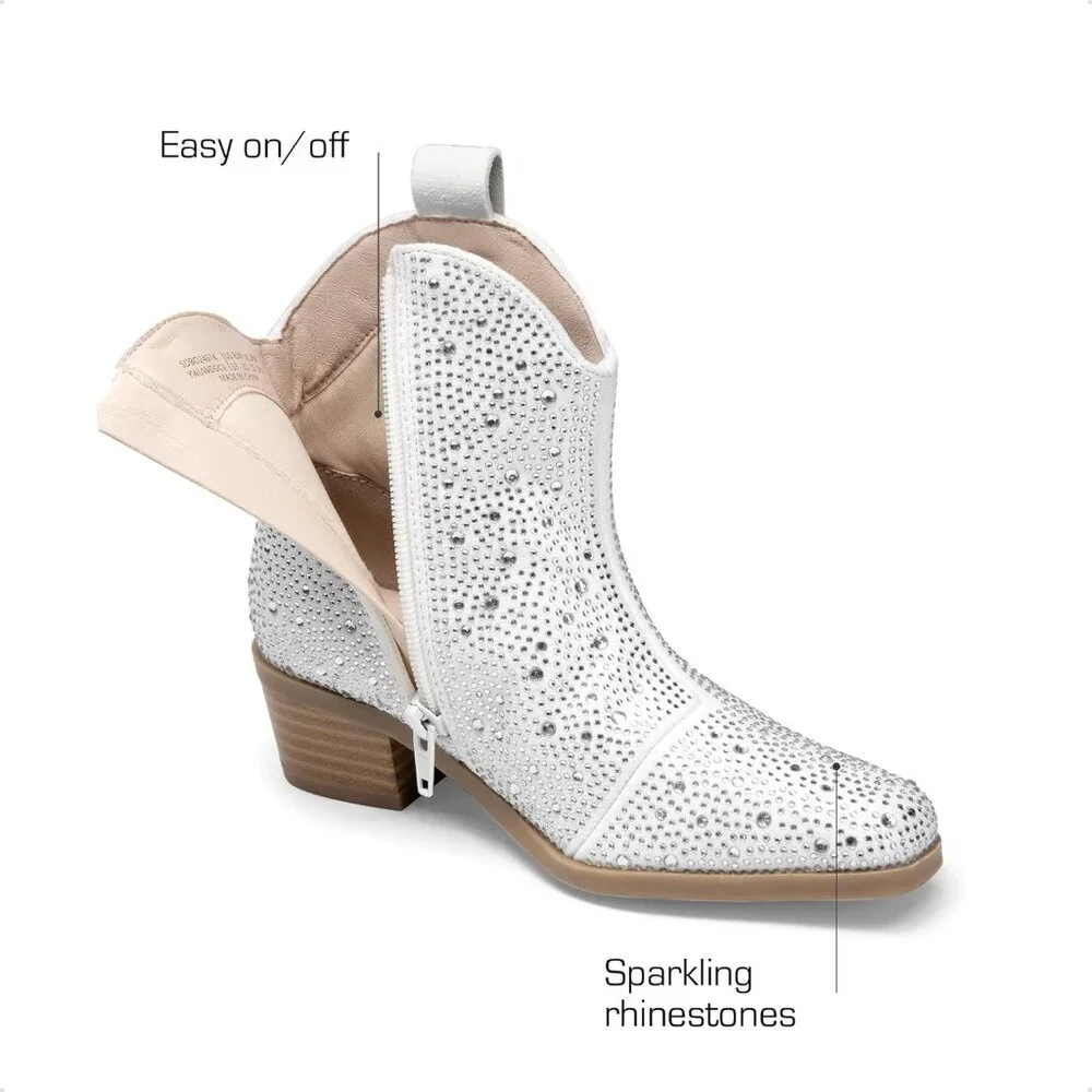 ⚡Girls White Cowgirl Rhinestone Zipper Boots Ankle Low Heel Dress Booties